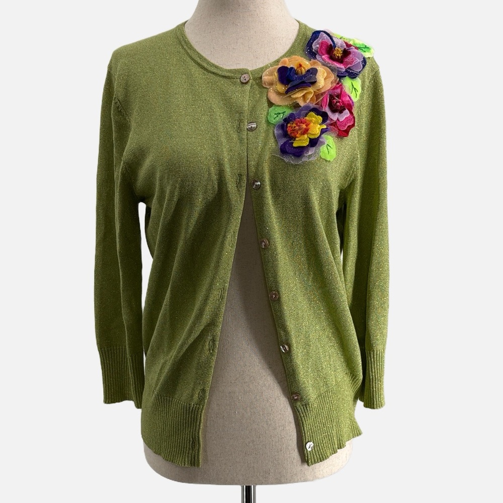 Michael Simon Vintage Silk Blend Dimensional Floral Embellishment Cardigan - Med